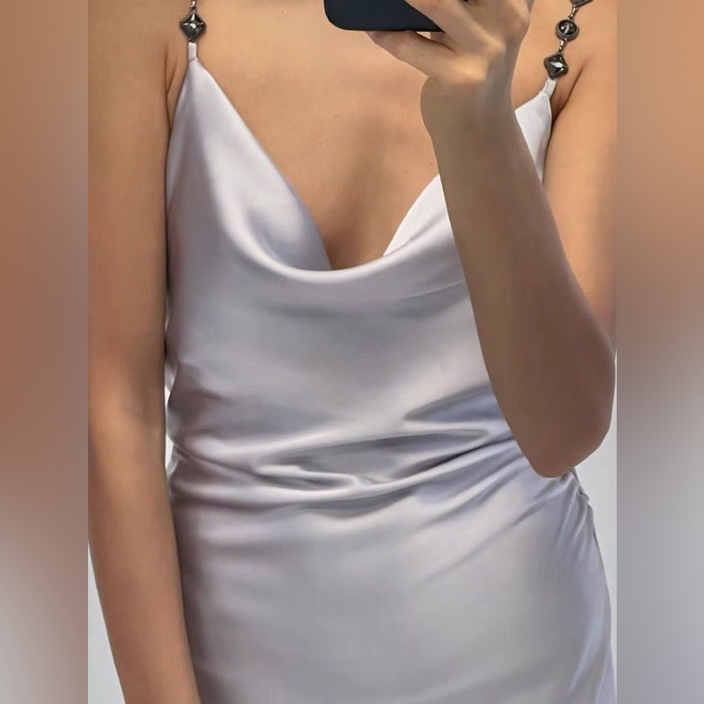 ๐(NWOT) ZARA Bloggers Fav Satin Cowl Neck Midi Dress w/ Rhinestone Straps. SMALL - Picture 8 of 12